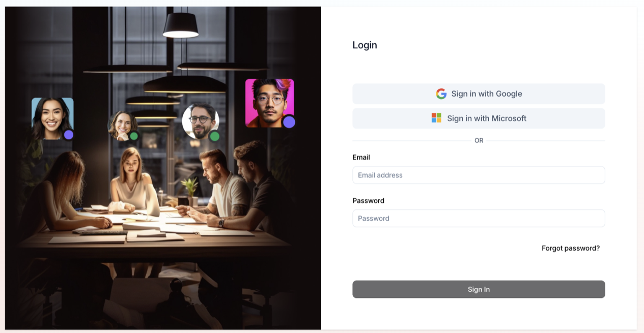 Login page with Sign in with Google, Sign in with Microsoft and the email form