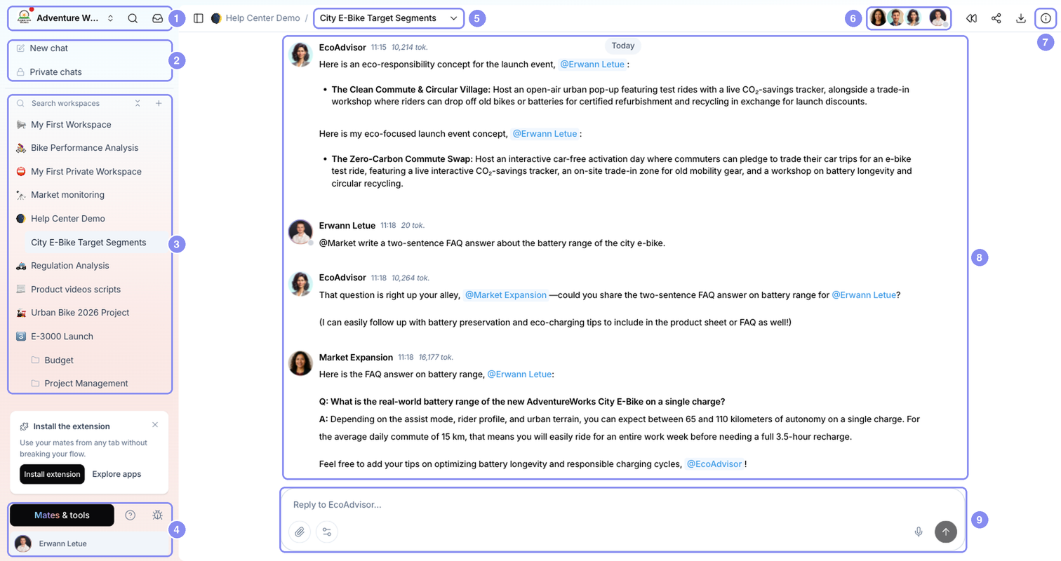 The app on desktop: 1 sidebar header, 2 New chat and Private chats, 3 Workspaces, 4 footer, 5 conversation title, 6 participants, 7 Information, 8 messages, 9 composer