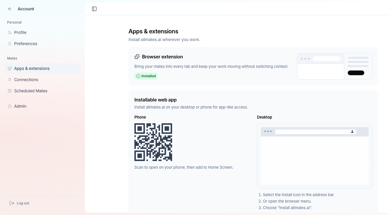 Account > Apps & extensions, with the Browser extension card and the QR code
