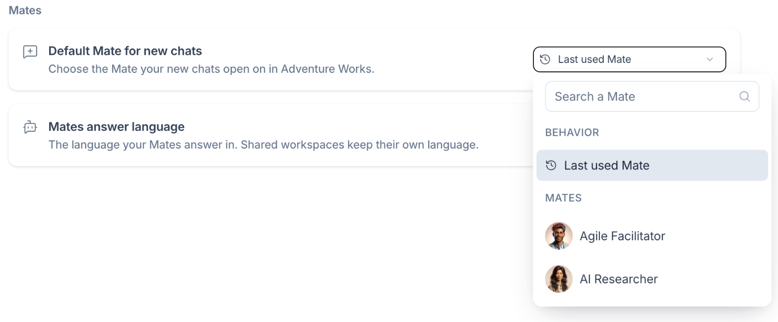 Default Mate for new chats list with the Behavior and Mates groups