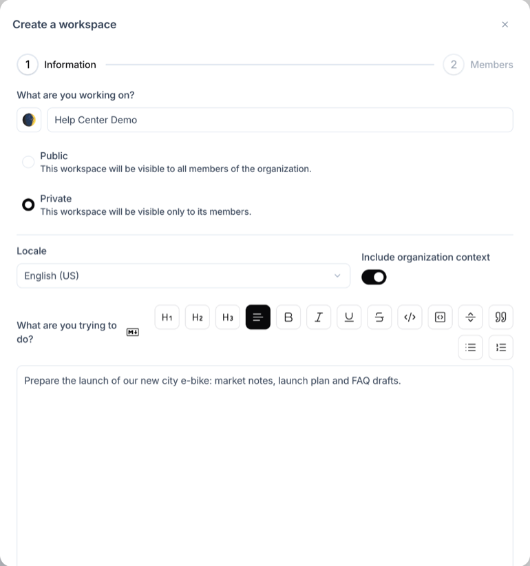 Create a workspace dialog, Information step