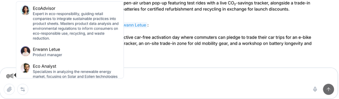 Mention list open in the message box, with Mates and a member