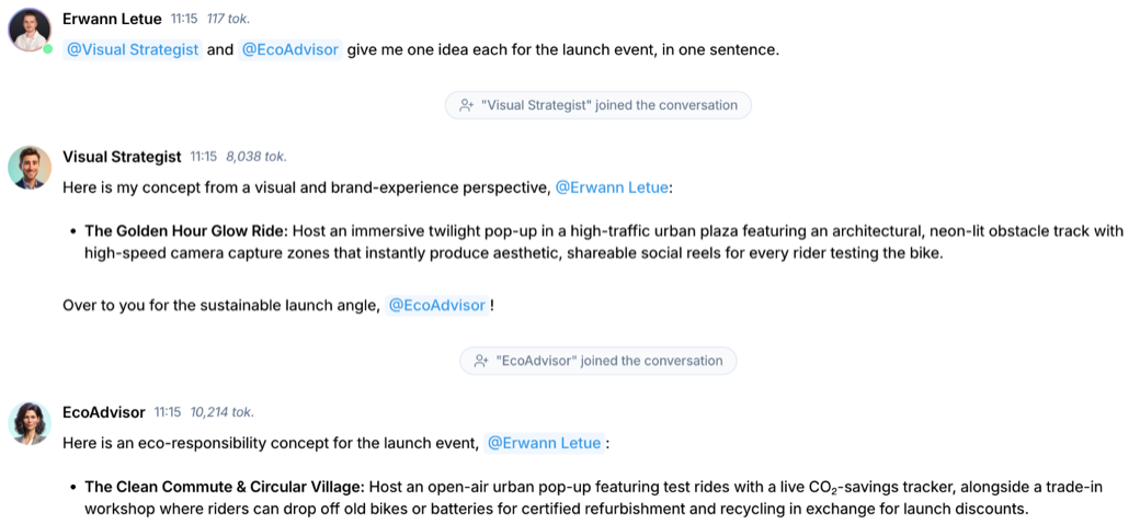 One message with two @ mentions and the answers of the two Mates