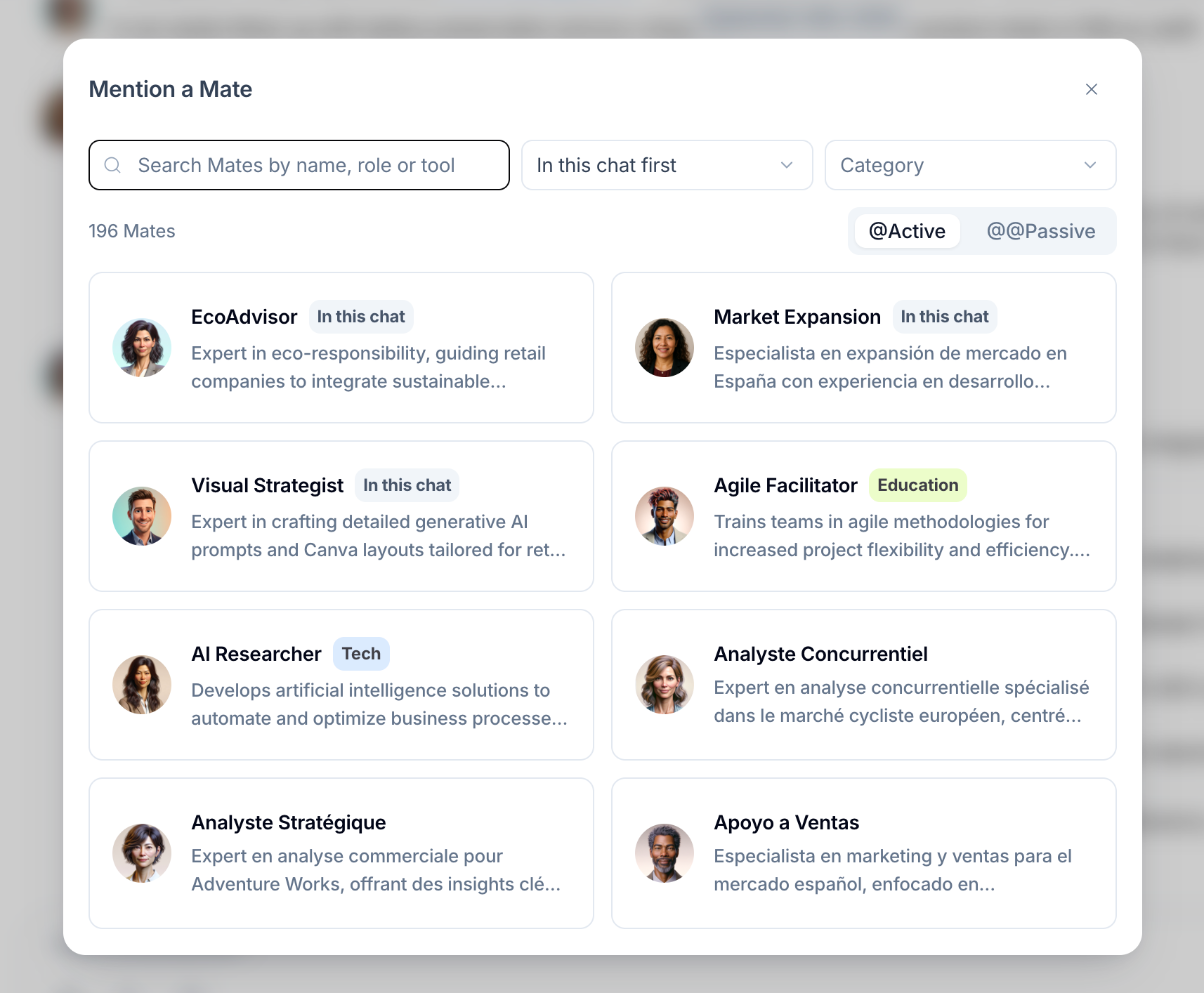 Mention a Mate window in a project conversation, two cards with the "In this chat" tag at the top