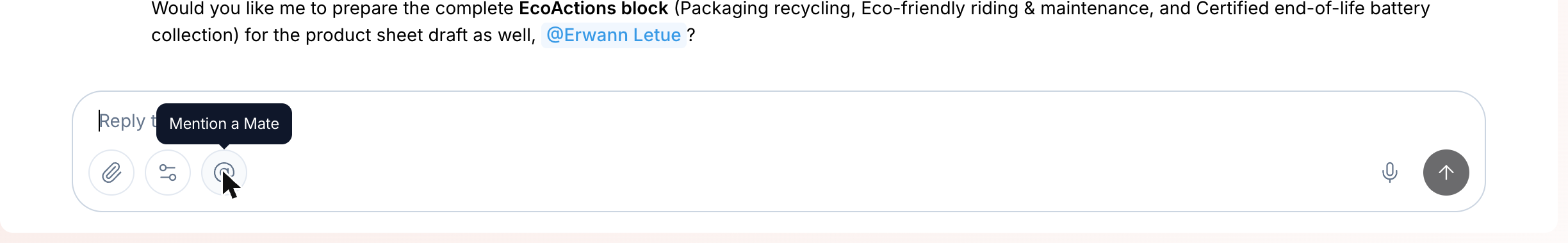 composer of a conversation, the @ "Mention a Mate" button highlighted with its tooltip