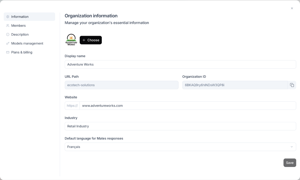 Organization settings with the Information, Members, Description, Models management and Plans & billing tabs