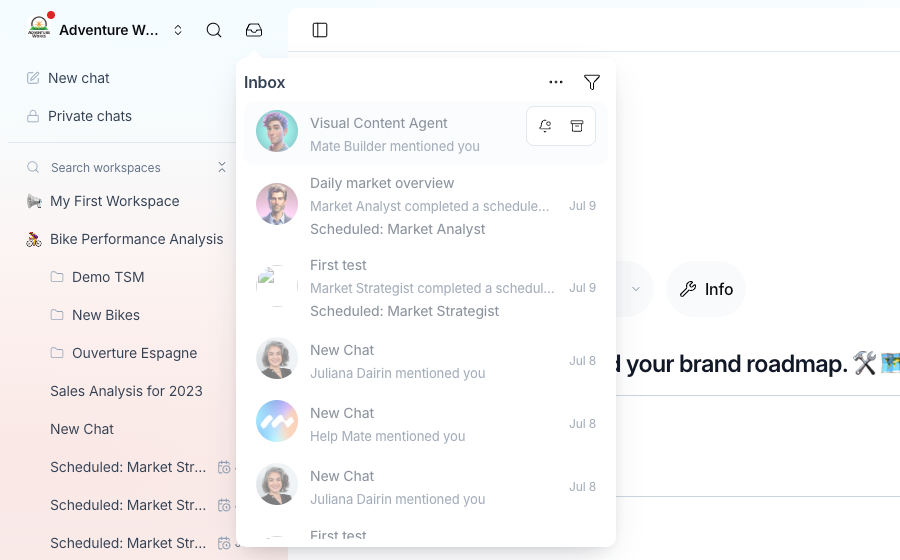 The Inbox open from the sidebar header, with the actions shown on hover