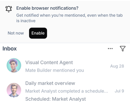 Inbox with the Enable browser notifications? prompt and its Not now and Enable buttons