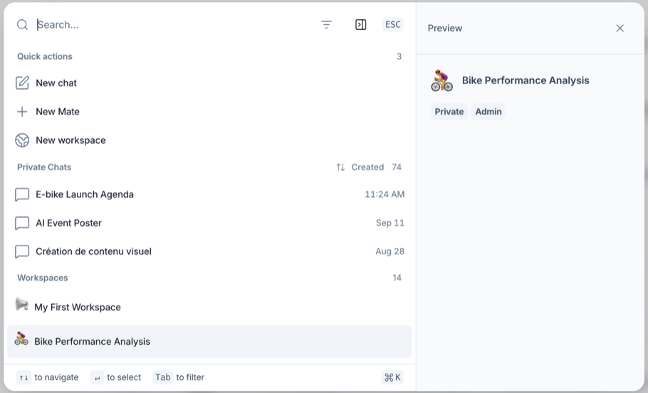 Search dialog with Quick actions, the results and the Preview pane