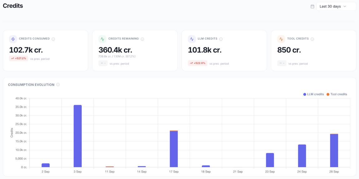 Credits page with the KPI cards and the Consumption evolution chart
