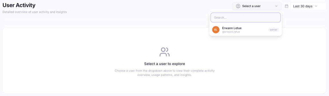 User Activity page with the Select a user picker open