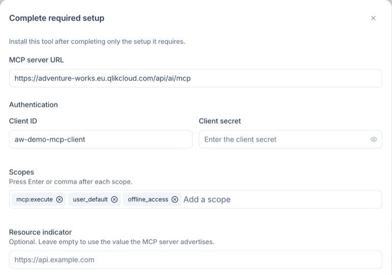 Complete required setup dialog for Qlik (official) with the MCP server URL, Client ID and Scopes filled in