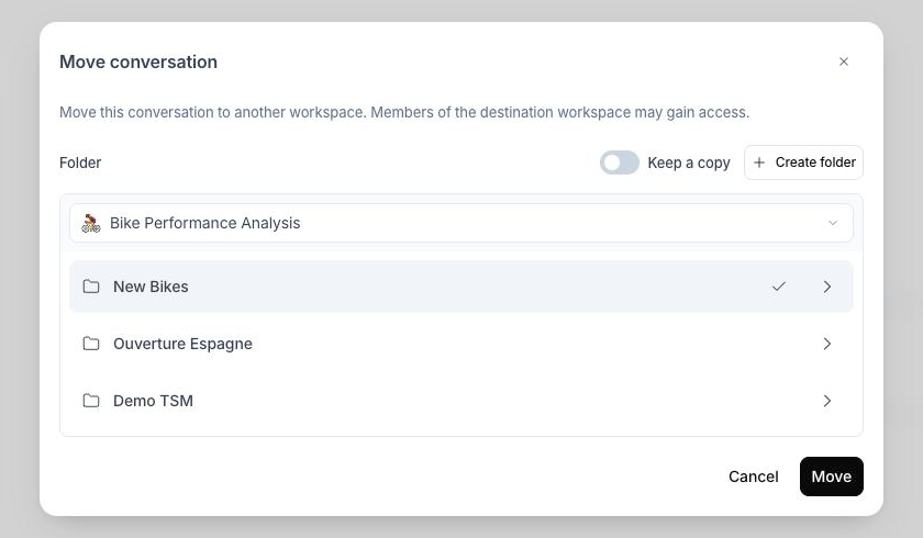 Move conversation window with the workspace list, the folders and the Keep a copy switch