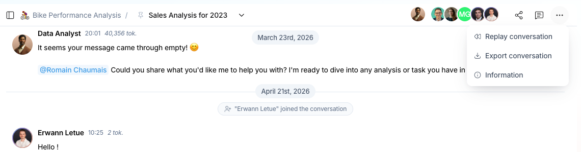 Conversation header with the Actions menu open on Replay conversation