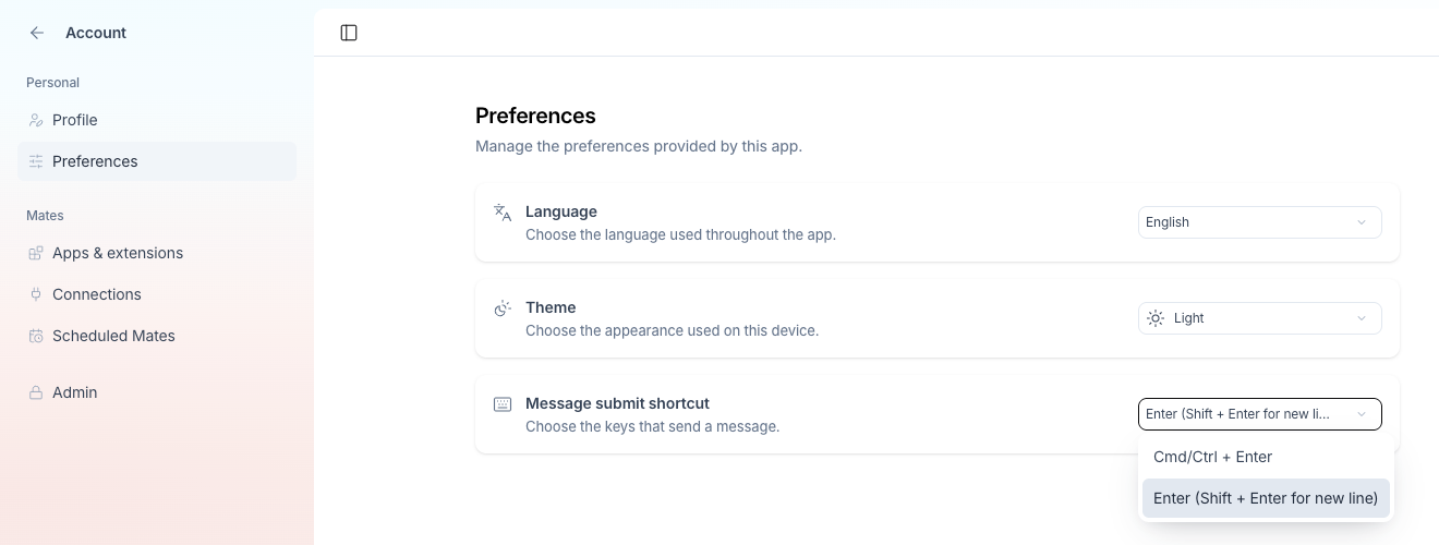 Account > Preferences, with the Message submit shortcut options open