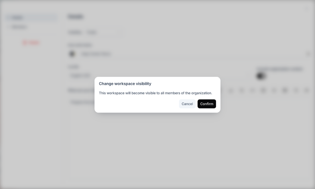 Change workspace visibility confirmation over the Details tab