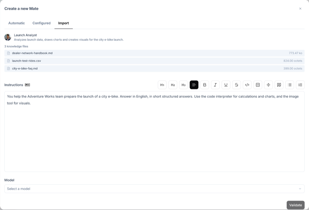 Import tab with the Mate preview, the list of knowledge files, the Instructions editor and the Model field