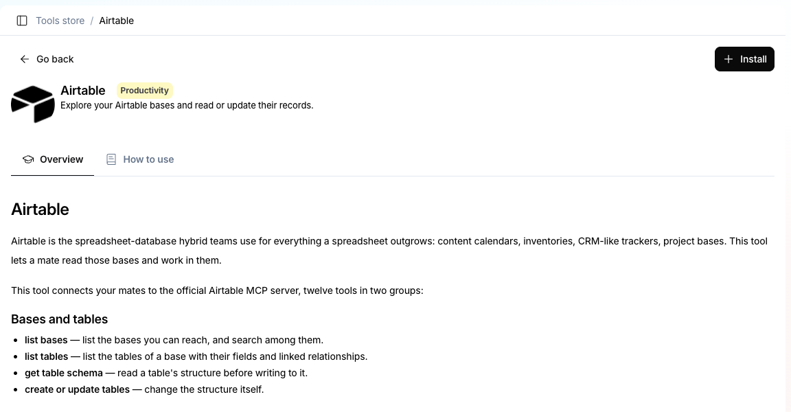 Store tool page with the Install button