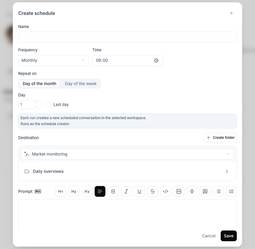 Create schedule dialog with the Monthly frequency and a workspace destination