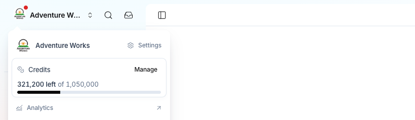 Organization switcher open with the Credits card and Manage