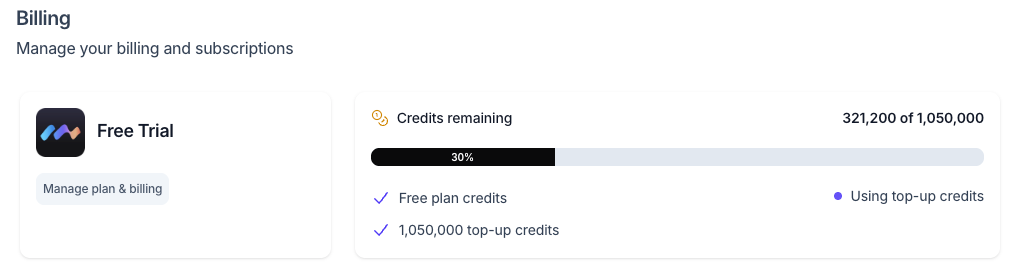 Plans & billing tab with the credits card and Free plan credits