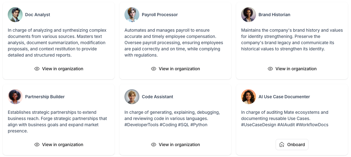 Store page with Mate cards showing View in organization and Onboard