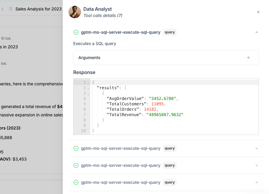 Tool call details panel with one call expanded
