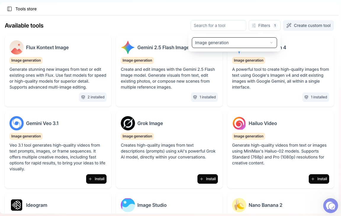 Tools Store filtered on the Image generation category