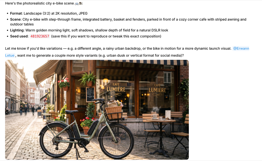 Mate reply with a generated image of a city e-bike in front of a cafe