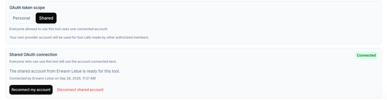 Shared OAuth connection panel with the Connected status