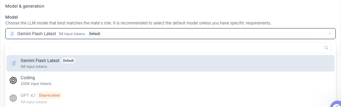 Model list of a Mate with a greyed-out model and its Deprecated tag