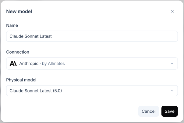 New model dialog with Name, Connection and Physical model filled in