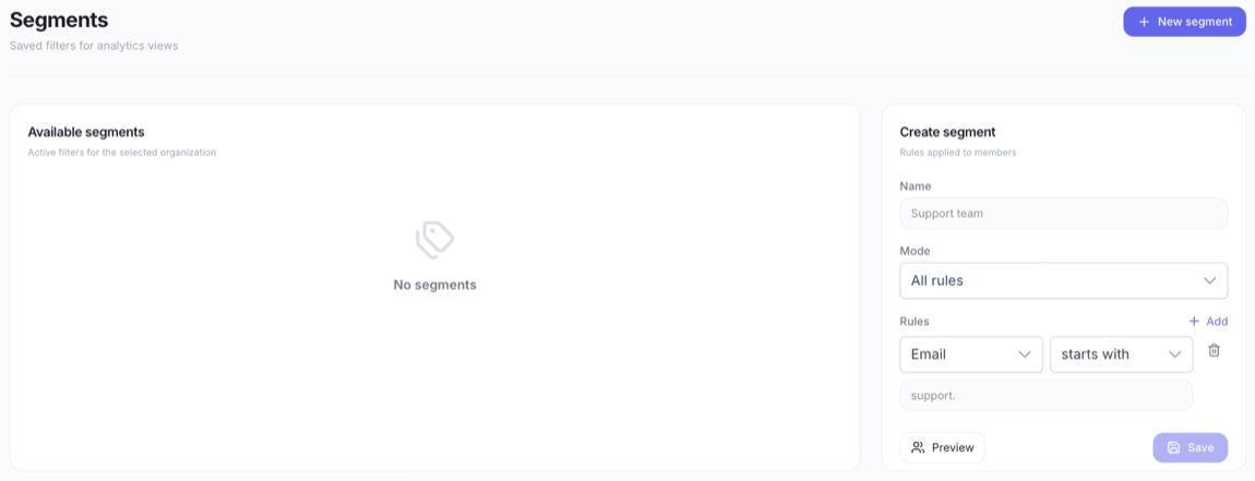 Segments page with the Available segments list and the Create segment form