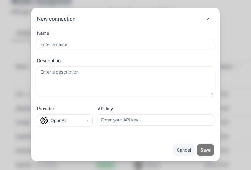 New connection dialog with OpenAI selected and the API key field