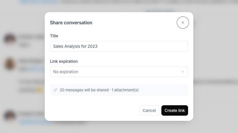 Share conversation dialog with the Title, Link expiration and the summary line