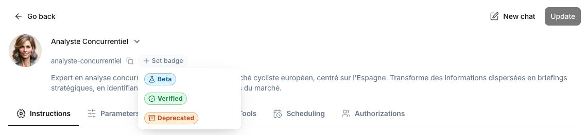 Mate page with the Set badge menu open: Beta, Verified and Deprecated
