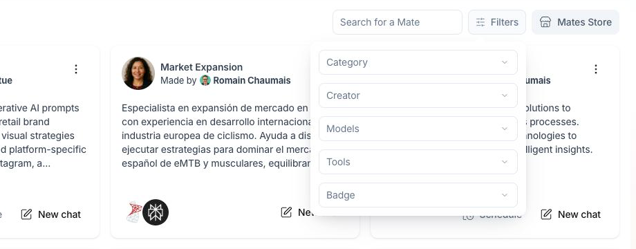 Filters popover with Category, Creator, Models, Tools and Badge