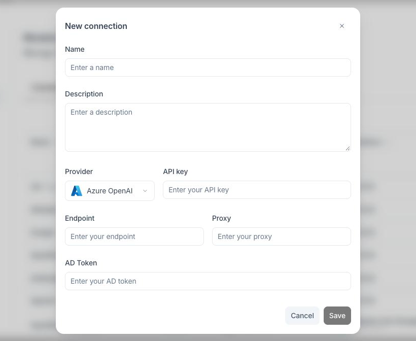 New connection window with Provider set to Azure OpenAI and the API key, Endpoint, Proxy and AD Token fields