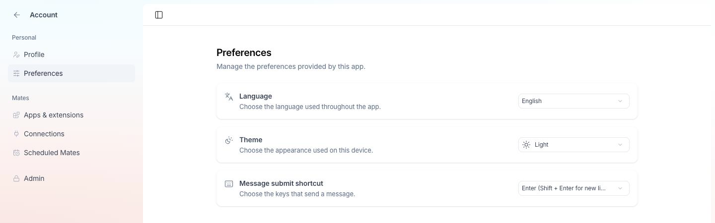 Account page, Preferences section with the Language, Theme and Message submit shortcut cards