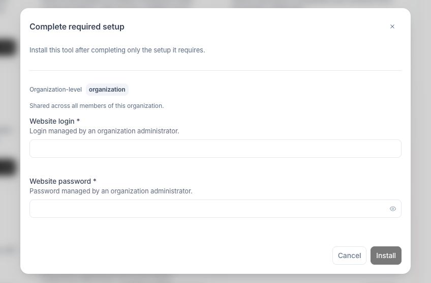 Complete required setup window with the Organization-level Website login and Website password fields
