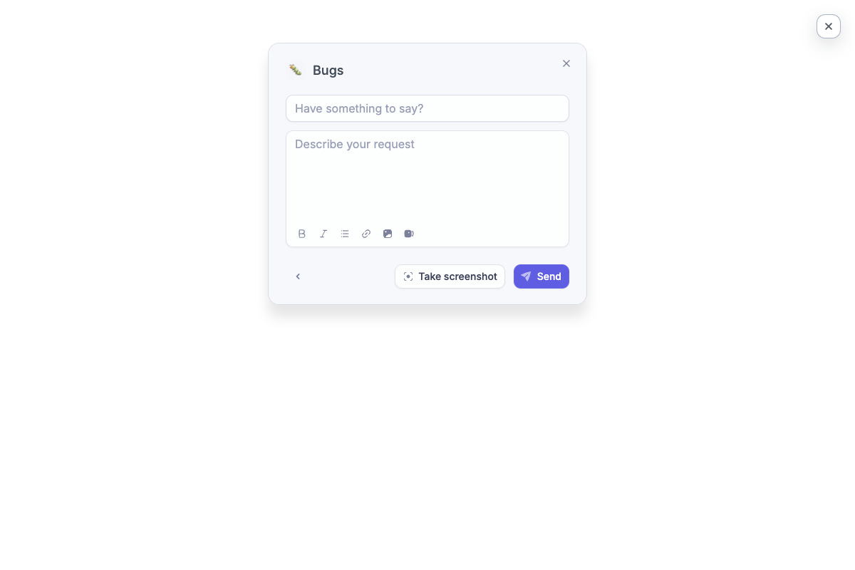The Bugs form with a title, a description, Take screenshot and Send.