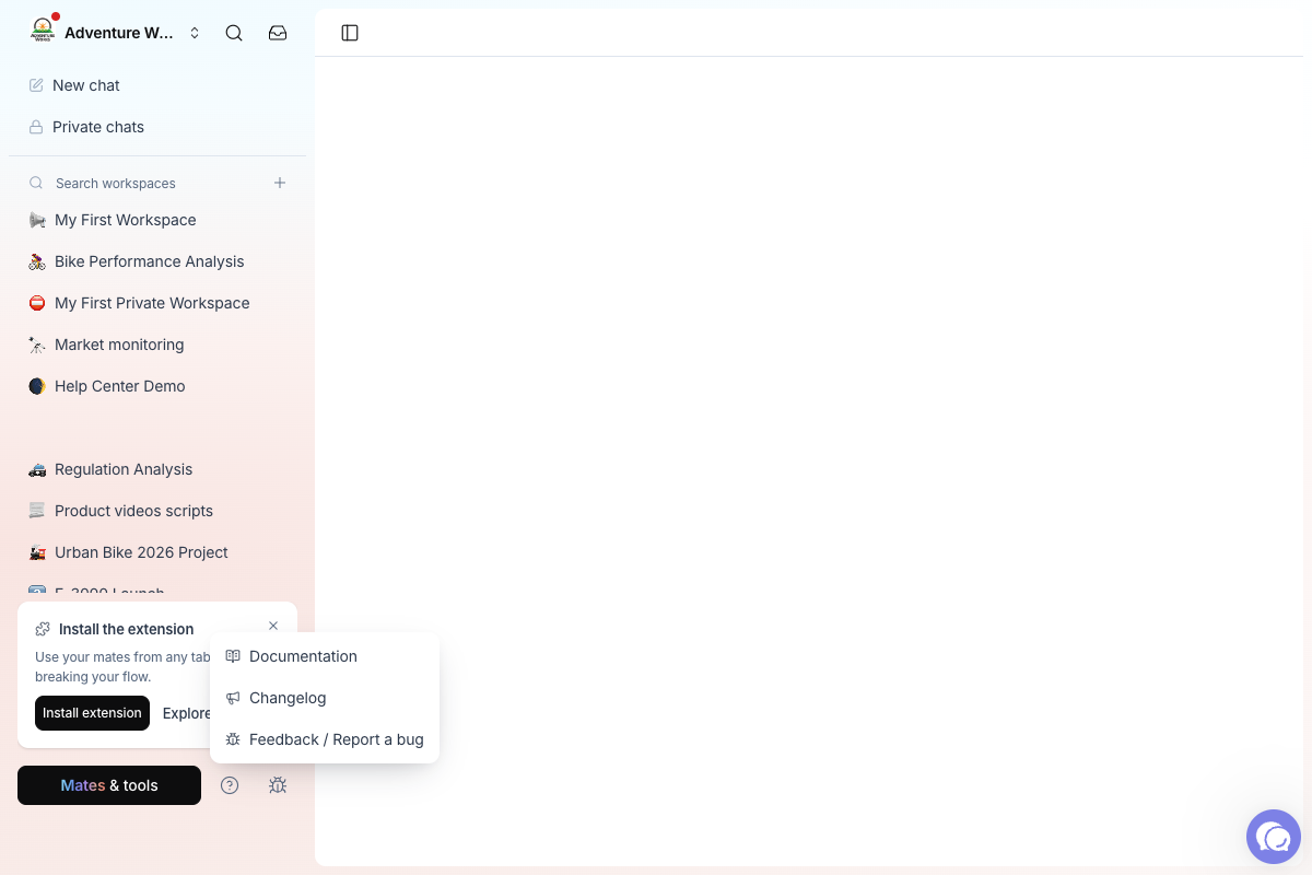 The Help & resources menu with Documentation, Changelog and Feedback / Report a bug.